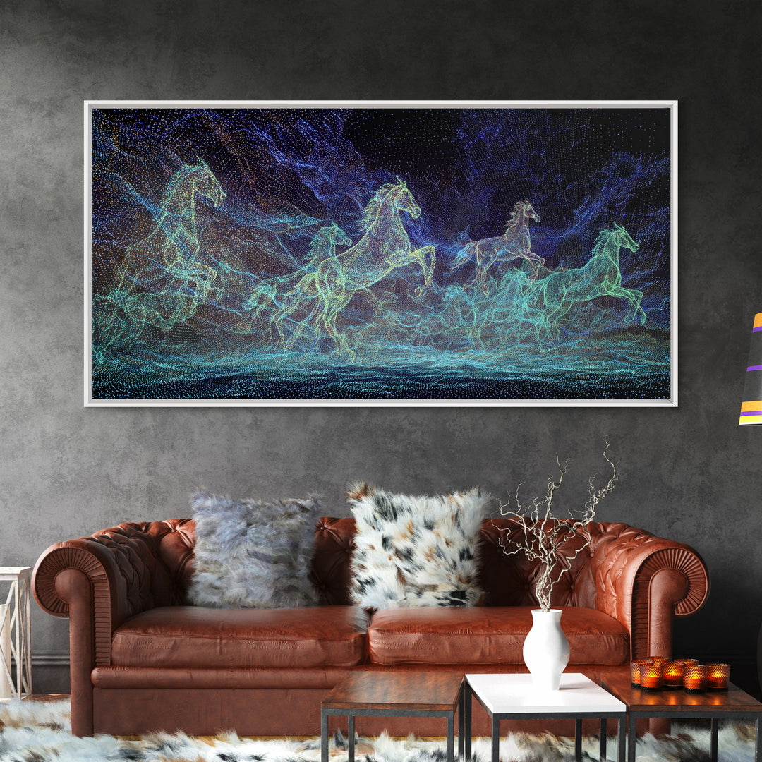 Neon Cosmic Running Horses Herd Canvas Print, Abstract Animal Wall Art, Blue Green Equine Decor, Mystical Modern Nature Gift