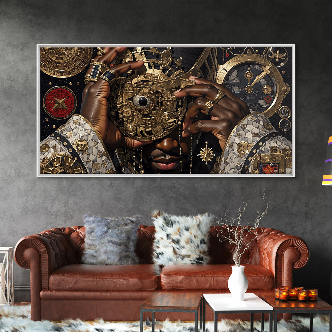 Afrofuturist Golden Mask Portrait Framed Canvas Print, African Wall Art, Black Culture Art, Luxury Afrocentric Home Decor