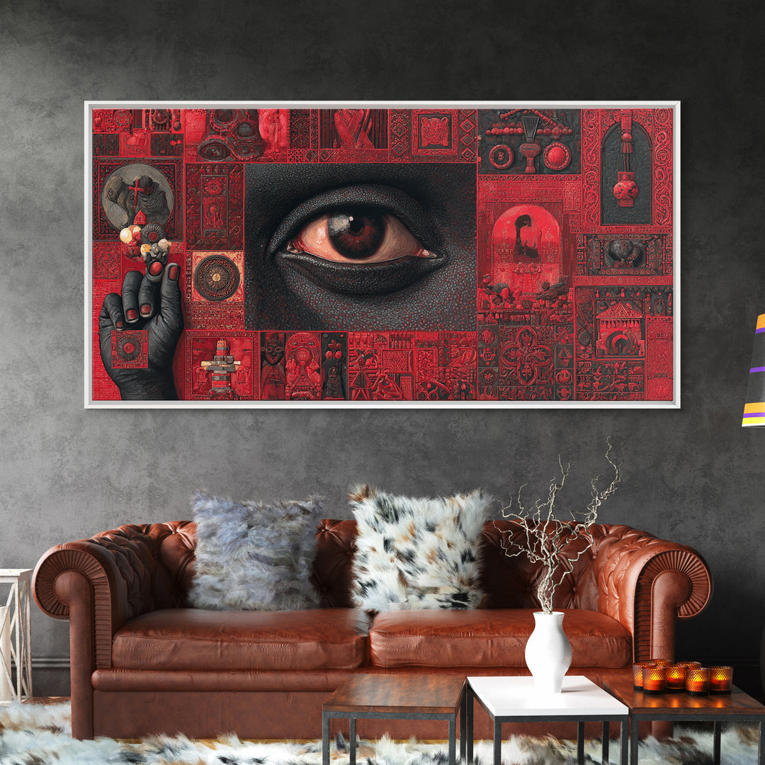 Red Mystic Eye Tribal Collage Canvas Print, African Mask Art, Afrocentric Wall Decor, Bold Cultural Artwork For Home Office