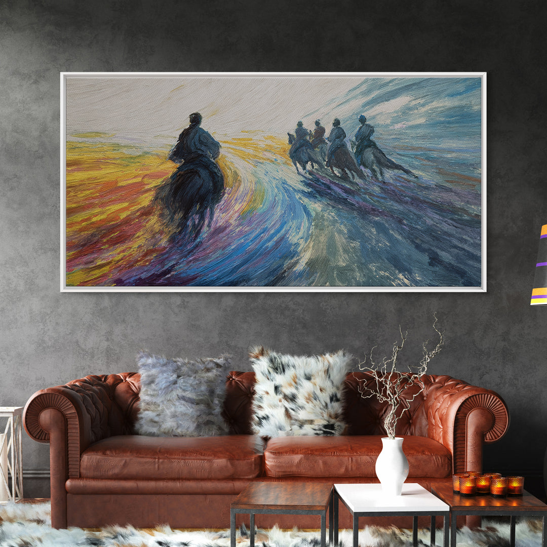 Galloping Horsemen Dawn Landscape Canvas Print, African Warrior Art, Dynamic Modern Wall Decor For Office And Living Room
