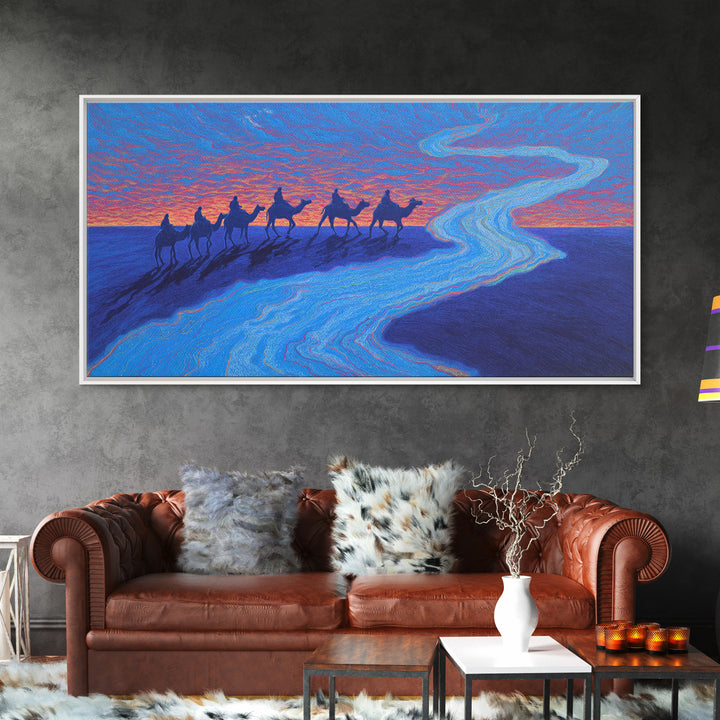 Camel Caravan Blue Desert Wall Art, African Safari Art Print, Dreamy Sunset Landscape For Boho Bedroom And Travel Decor Gift