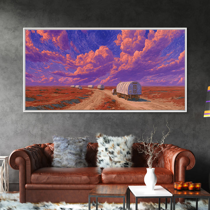 Desert Wagons Under Purple Sky Canvas Print, African Landscape Wall Art, Modern Safari Travel Home Decor For Living Room