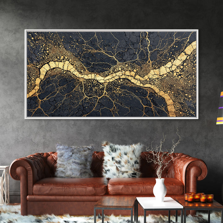 Black Gold Cracked Earth River Framed Canvas Print, Abstract African Art, Luxury Geometric Wall Decor For Modern Home Office