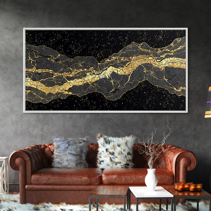 Golden Mountain Vein Abstract Wall Art, Black And Gold African Inspired Canvas Print, Luxury Statement Decor For Home Office