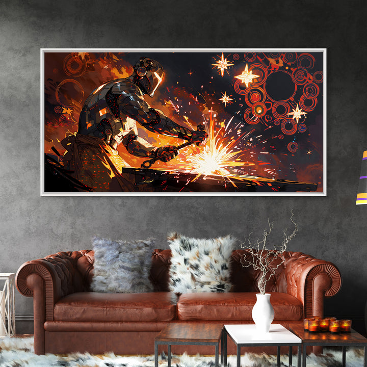 Futuristic Blacksmith Sparks Canvas Print, Industrial Wall Decor, Modern Art, Orange Metalwork, Workshop Gift, Masculine Office Art