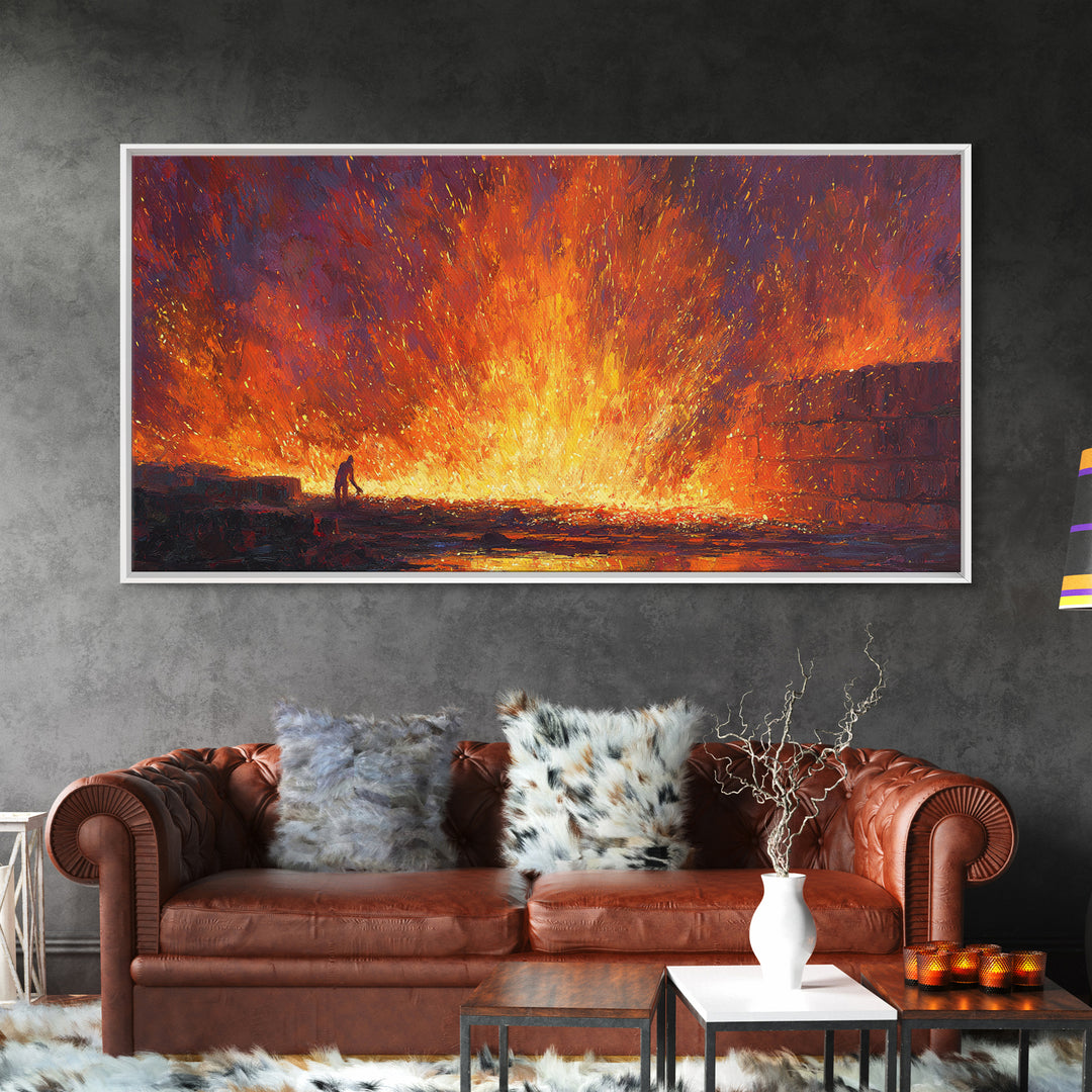 Molten Foundry Firestorm Framed Canvas Print, Fiery Industrial Wall Art, Orange Abstract Painting, Statement Living Room Decor