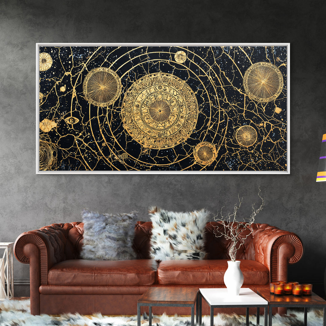 Gold Celestial Mandala Map Wall Art, African Abstract Black And Gold Decor, Luxury Canvas, Spiritual Boho Home Decor, Statement Piece