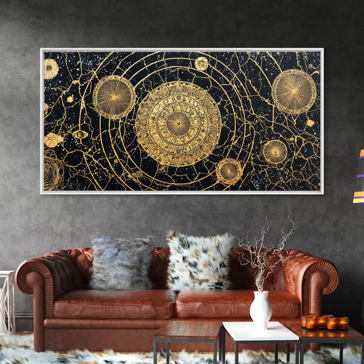 Gold Celestial Mandala Map Wall Art, African Abstract Black And Gold Decor, Luxury Canvas, Spiritual Boho Home Decor, Statement Piece