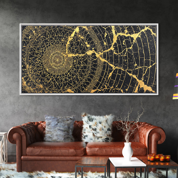 Gold Spiral Geometric Web Wall Art, Abstract African Art Print, Black Gold Decor, Modern Boho Statement Canvas For Living Room