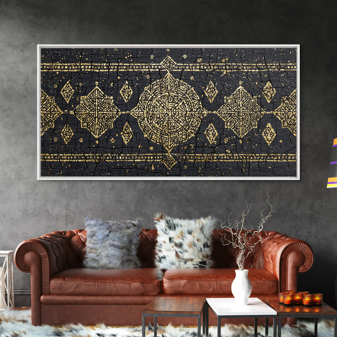Gold Mud Cloth Geometric Framed Canvas Print, African Patterns, Tribal Art Decor, Black Gold Boho Wall Decor For Living Room