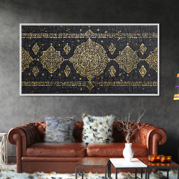 Gold Mud Cloth Geometric Framed Canvas Print, African Patterns, Tribal Art Decor, Black Gold Boho Wall Decor For Living Room