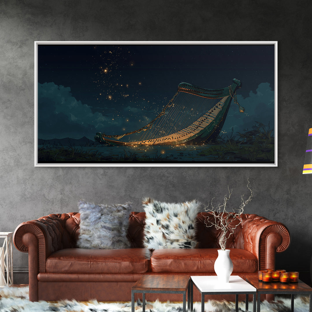Glowing African Kora Harp Canvas Print, Night Music Wall Decor, Cultural Art Print, Starry Blue Afrocentric Home Decor, Gift For Him