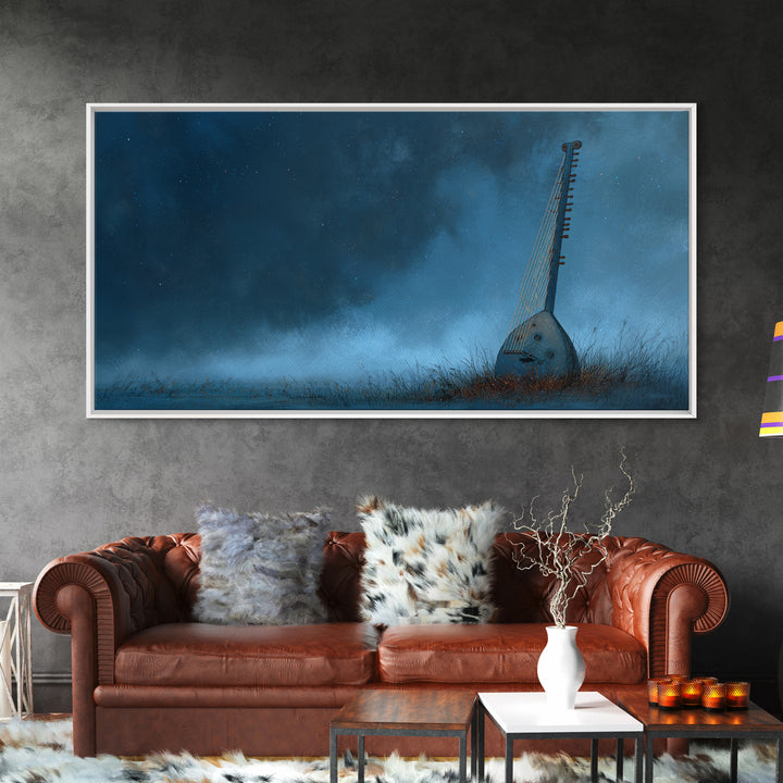 Blue African Kora Instrument Wall Art, Starry Night Music Print, Cultural African Artwork, Moody Bedroom Decor Canvas Print