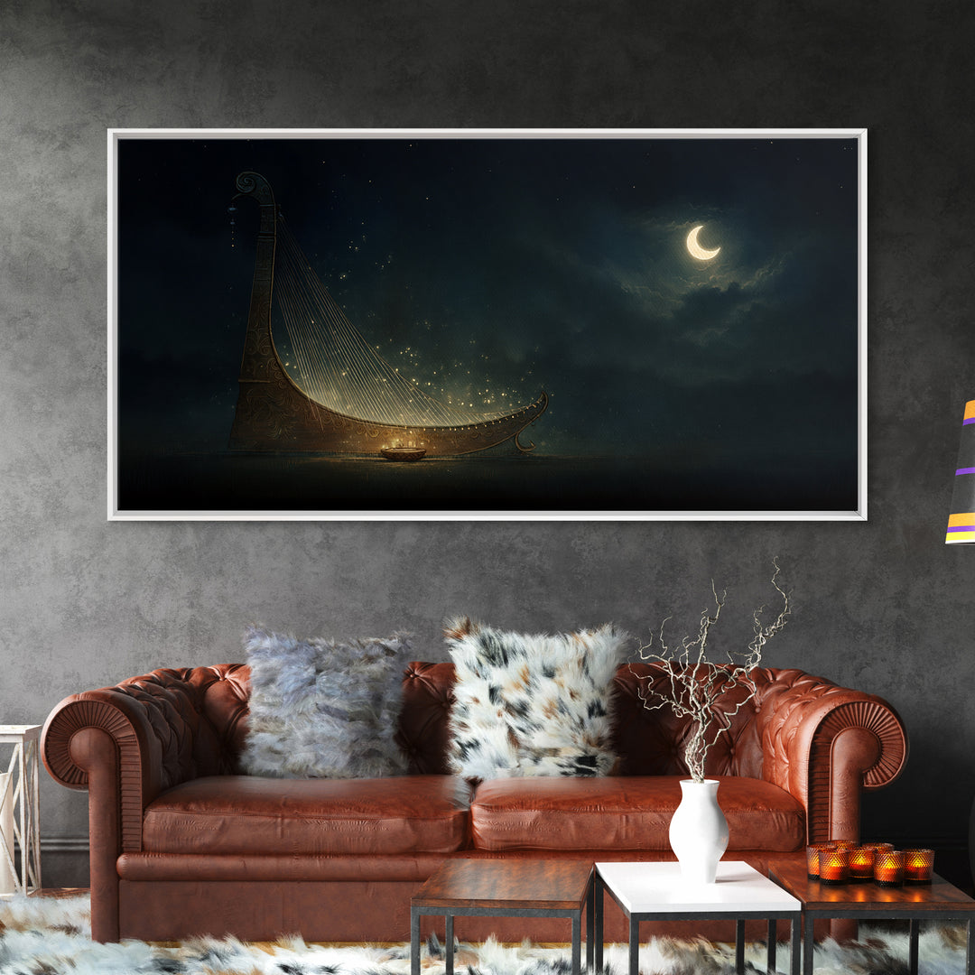 Moonlit African Kora Harp Framed Canvas Print, Crescent Moon Music Wall Decor, Spiritual Afrocentric Art, Dreamy Night Gift