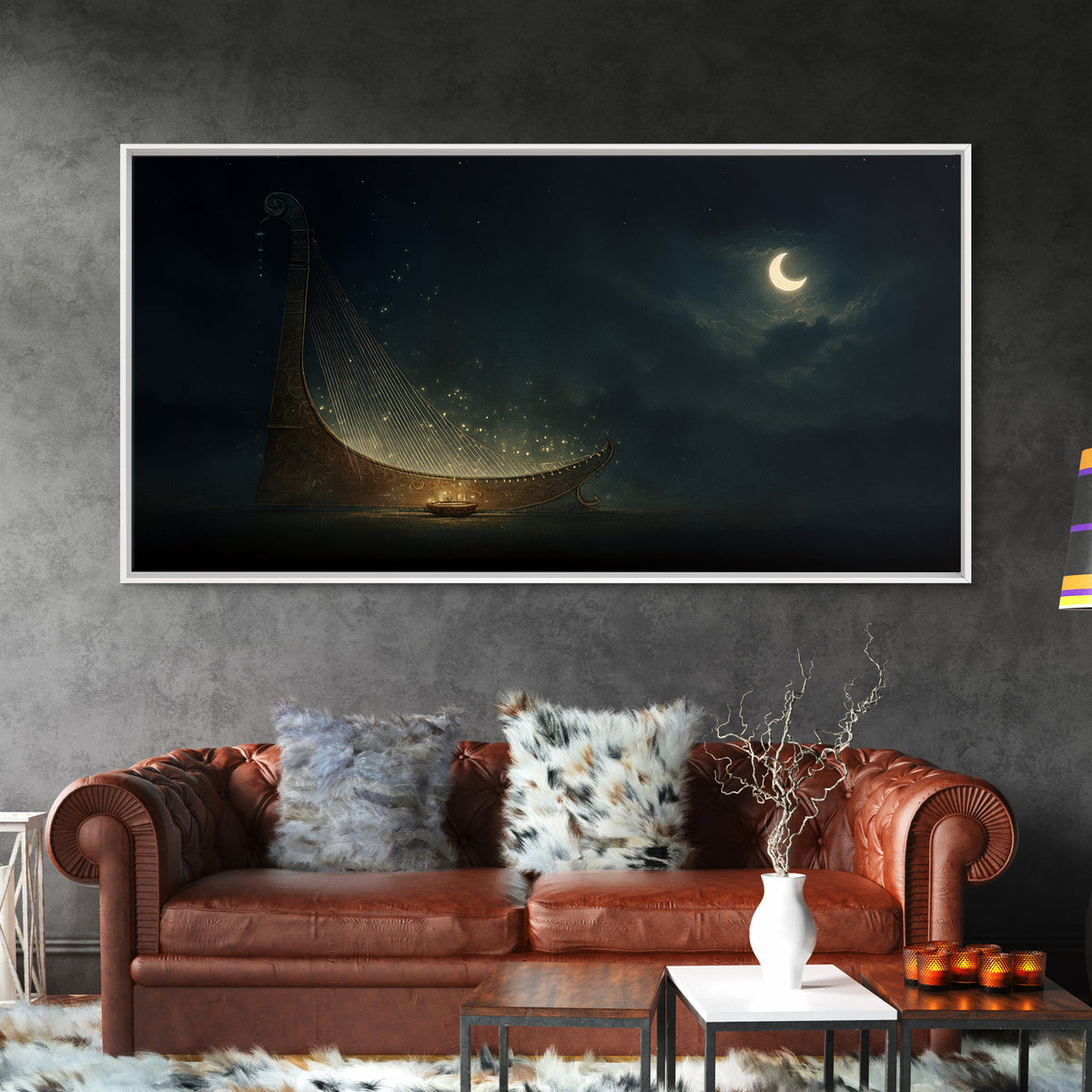 Moonlit African Kora Harp Framed Canvas Print, Crescent Moon Music Wall Decor, Spiritual Afrocentric Art, Dreamy Night Gift
