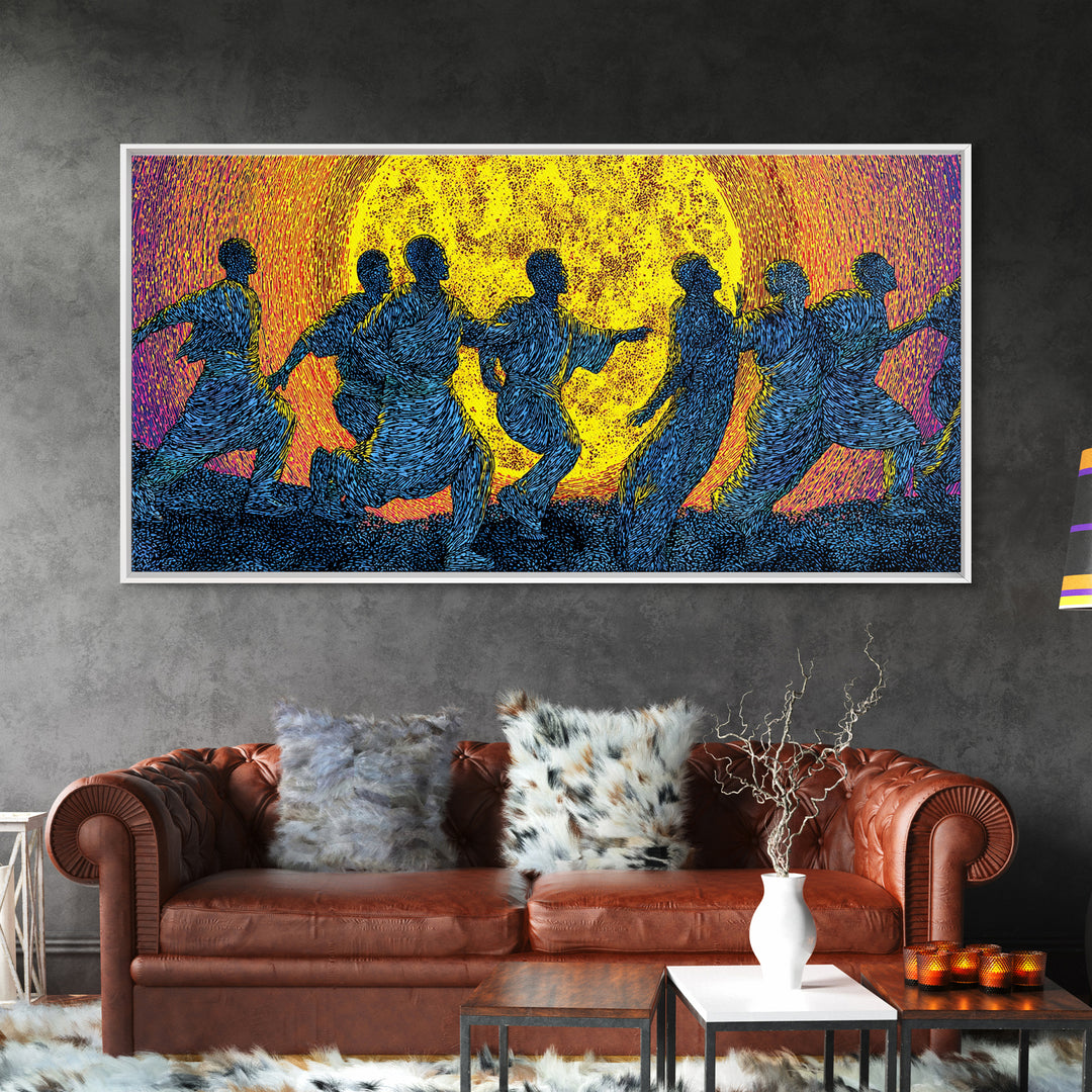 African Dancers In Golden Sun Wall Art, Colorful Afrocentric Decor, Tribal Celebration Print, Black Culture Canvas Art Gift