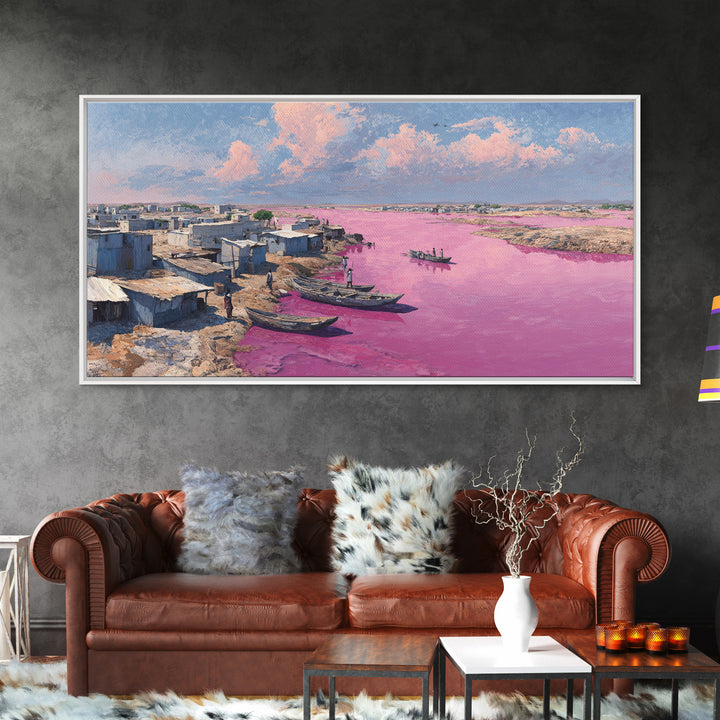 Pink River African Village Wall Art, West African Landscape, Coastal Boat Scene, Serene Travel Decor For Living Room Canvas Gift