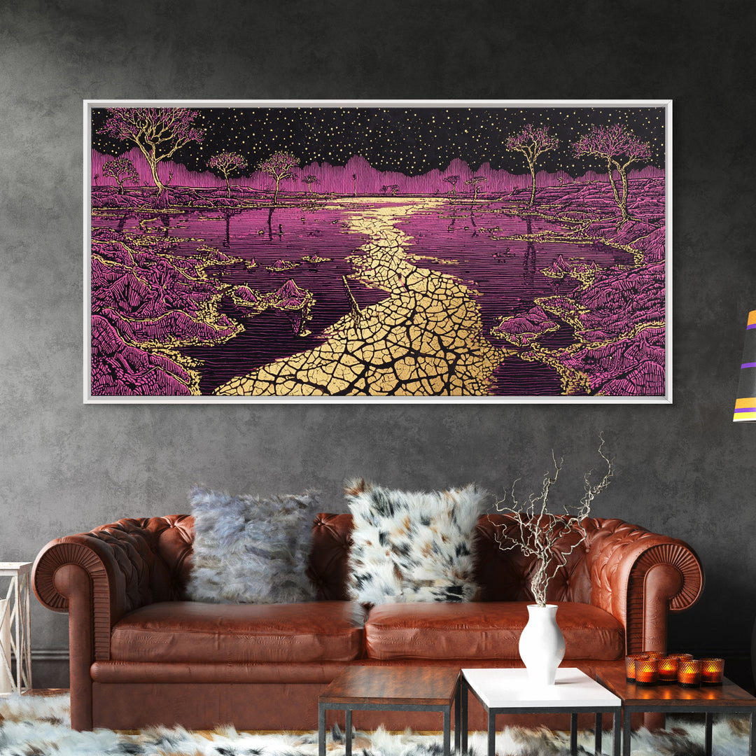 Mystic Purple Savannah Path Wall Art, African Tree Landscape, Starry Night Boho Decor, Spiritual Canvas For Living Room Gift