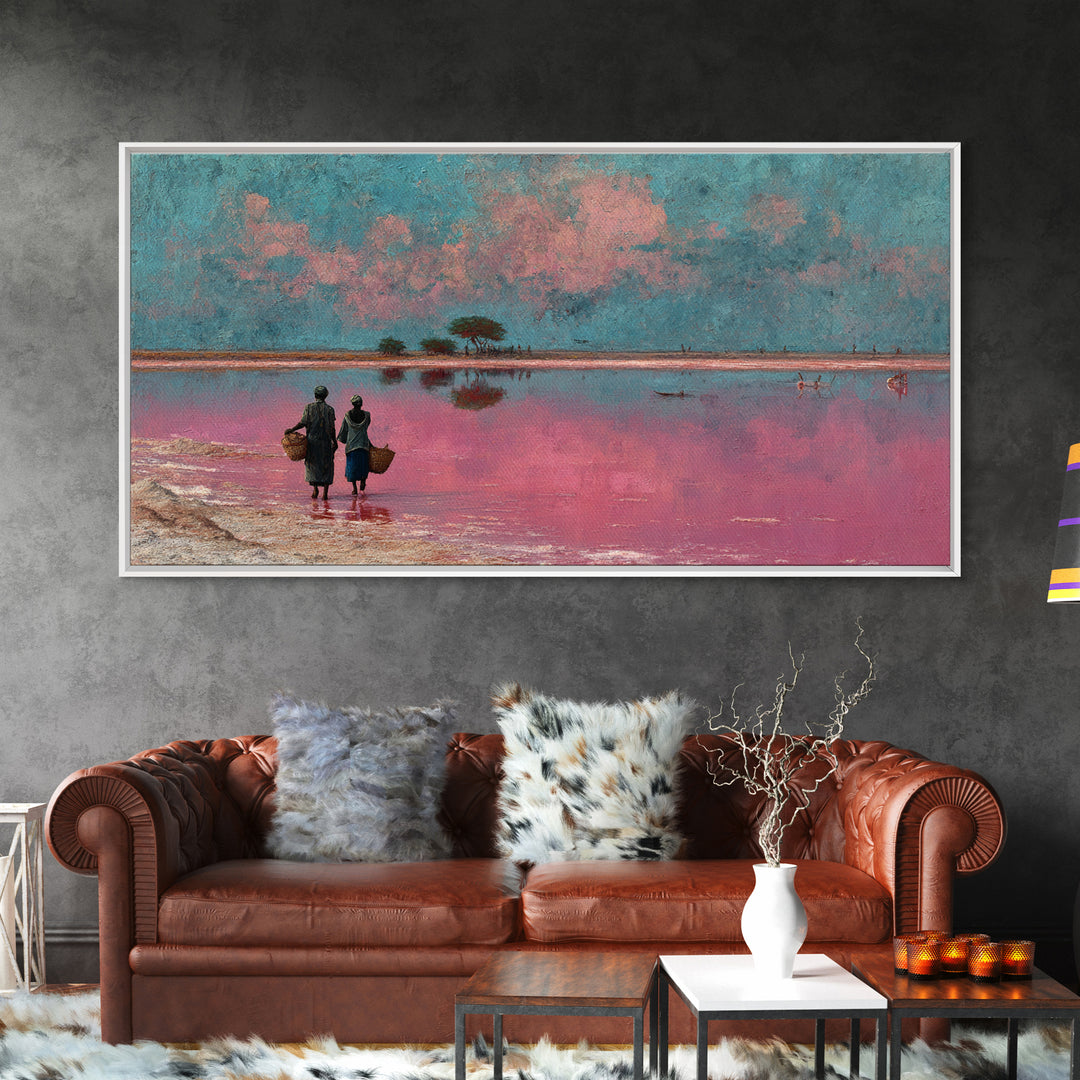 African Women At Pink Lake Wall Art, Pastel Landscape Painting, Motherland Travel Decor, Feminine Canvas For Living Room