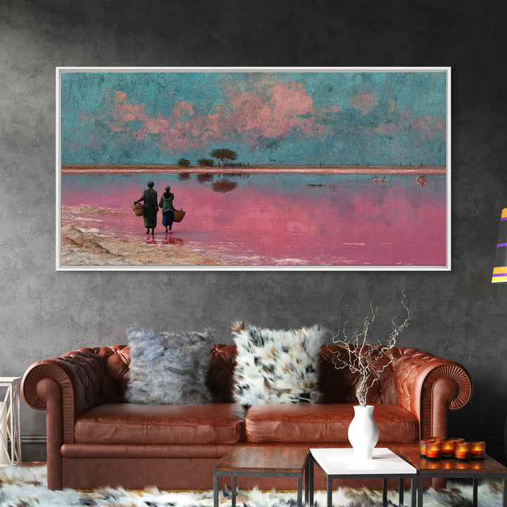 African Women At Pink Lake Wall Art, Pastel Landscape Painting, Motherland Travel Decor, Feminine Canvas For Living Room