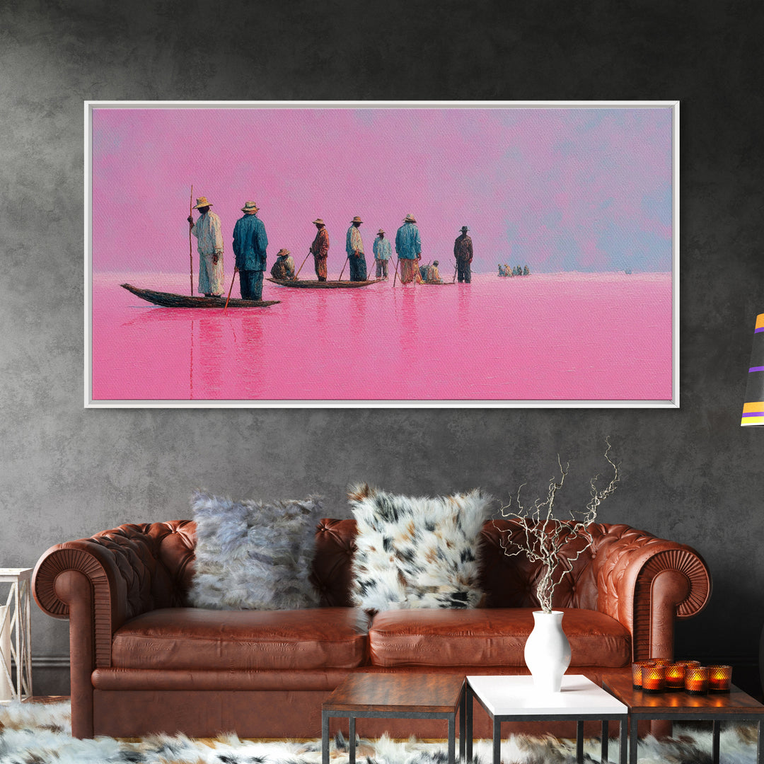 Pink Lake Fishermen On Long Boat Canvas Print, African Travel Landscape, Minimalist Coastal Decor For Modern Living Room