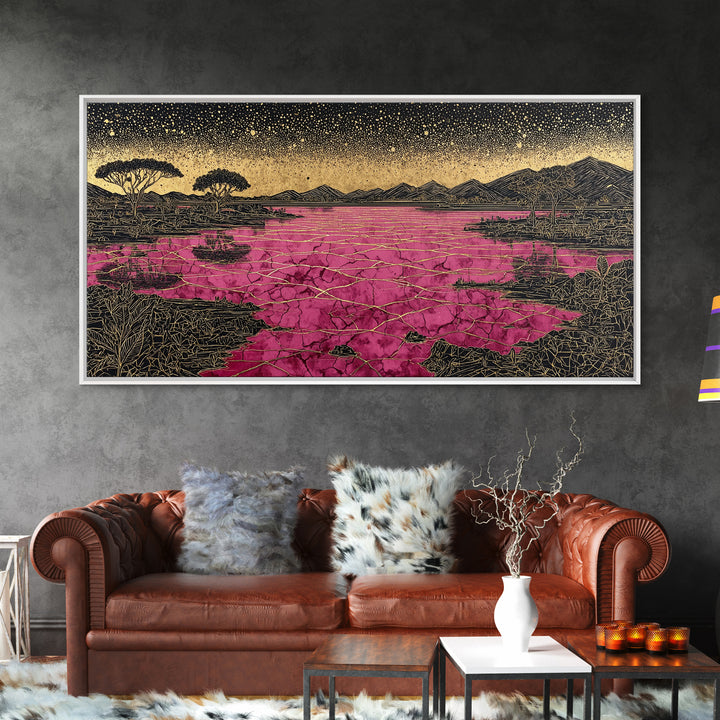 Cracked Pink Lake Savannah Wall Art, African Landscape, Black Gold Boho Decor, Serengeti Inspired Canvas For Living Room