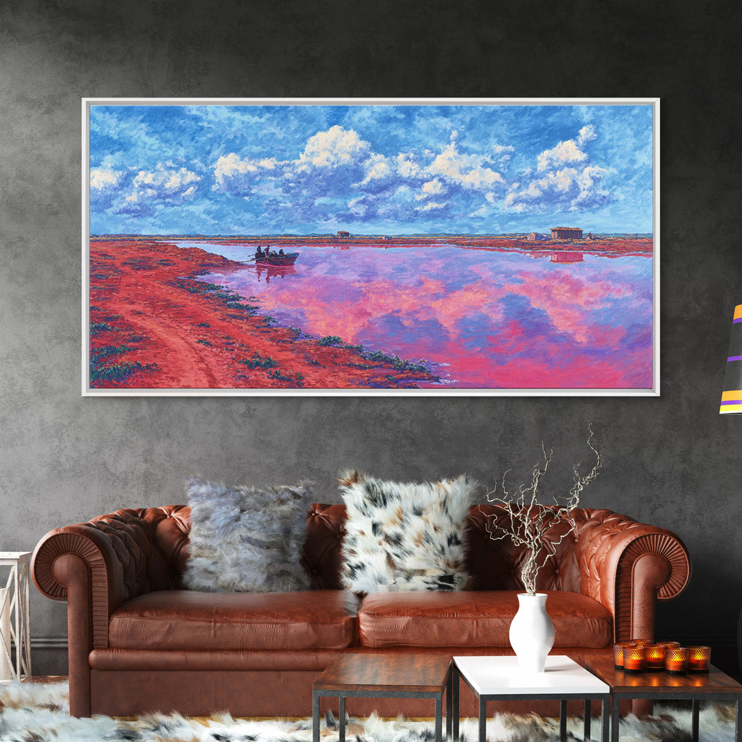 Pink Salt Lake Boats Wall Art, African Landscape Painting, Coastal Travel Poster, Blue Sky Canvas Decor, Living Room Gift