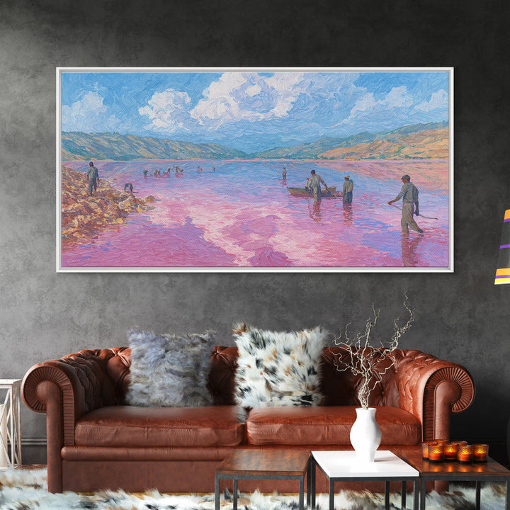 Pastel Salt Lake Workers Canvas Print, African Landscape Wall Decor, Pink Water Painting, Mountain Travel Art Gift, Living Room Decor