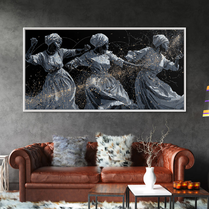 Three Dancing African Women Wall Art, Black And Gold Figurative Painting, Afrocentric Home Decor, Cultural Canvas Gift For Her