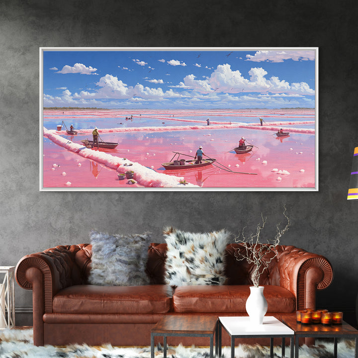 Pink Salt Flats With Boats Wall Art, African Coastal Landscape, Flamingo Lake Painting, Large Canvas Decor, Travel Home Gift