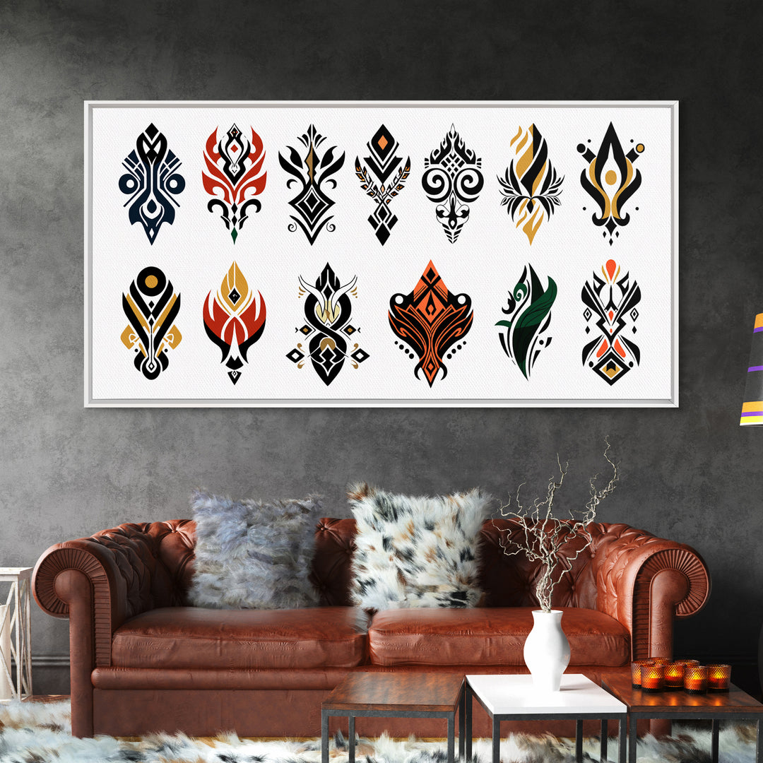 Colorful African Tribal Symbols Canvas Print, Ankara Pattern Wall Art, Ethnic Motif Poster, Modern Afrocentric Decor Gift