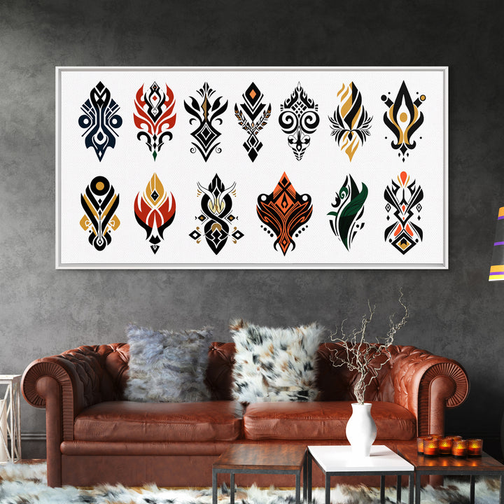 Colorful African Tribal Symbols Canvas Print, Ankara Pattern Wall Art, Ethnic Motif Poster, Modern Afrocentric Decor Gift