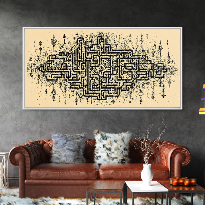 Ancient Maze Pattern Wall Art, Abstract African Textile Inspired Print, Beige Black Geometric Decor, Cultural Canvas Gift