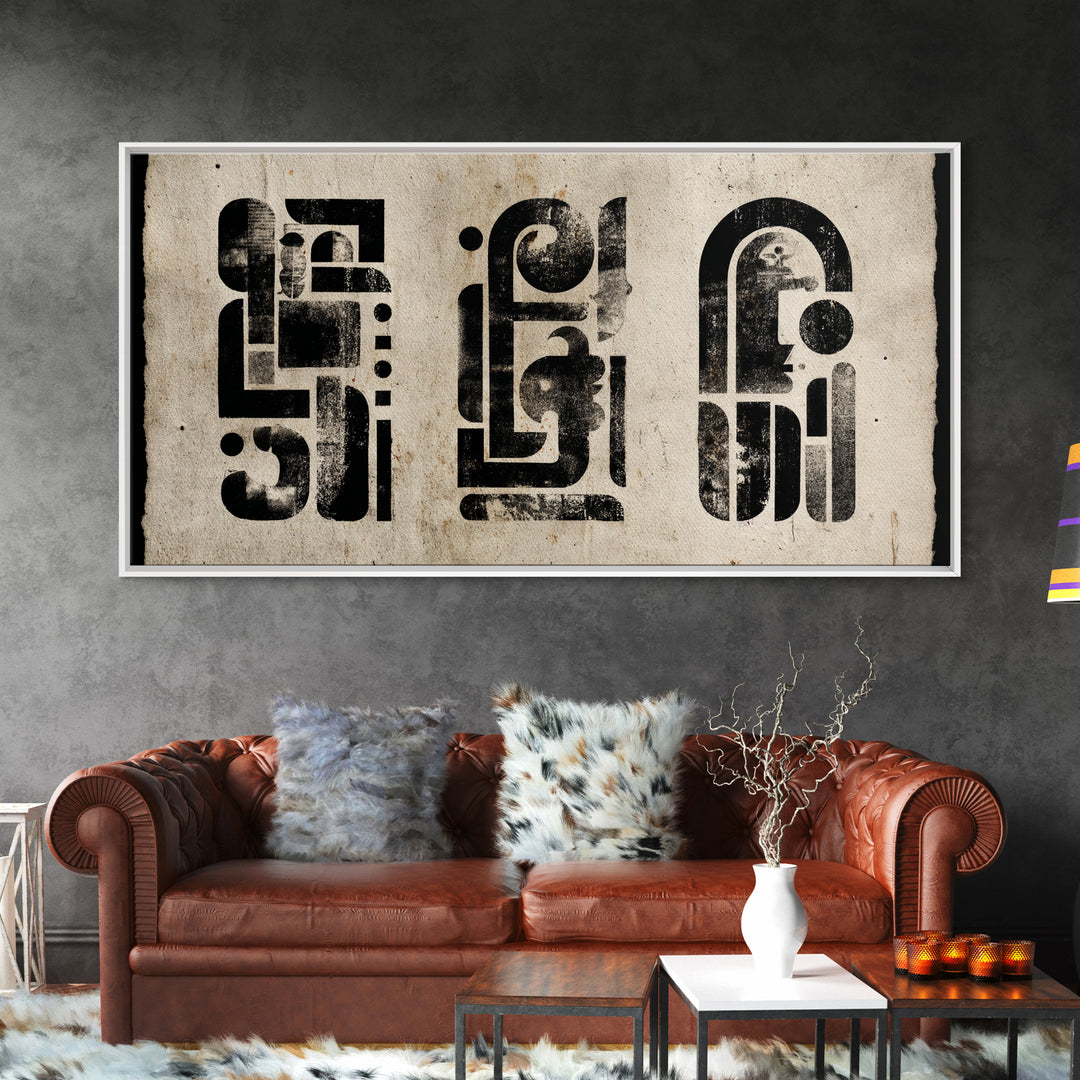 Black Abstract Glyphs Wall Art, African Inspired Geometric Painting, Minimalist Neutral Poster, Modern Home Office Decor Gift