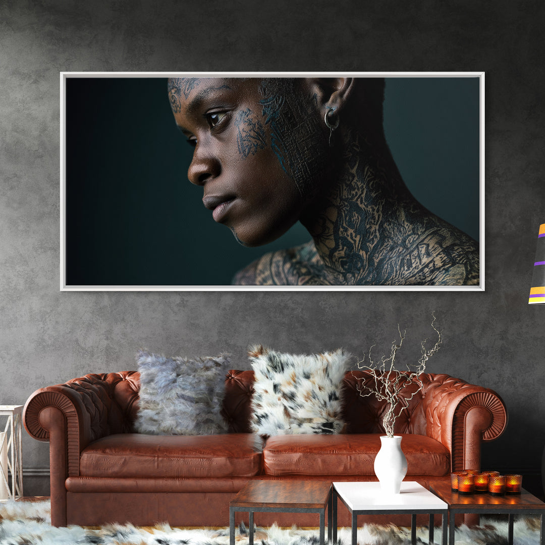 Tattooed Black Woman Portrait Framed Canvas Print, African Beauty Wall Art, Dramatic Profile Photography, Melanin Decor Gift