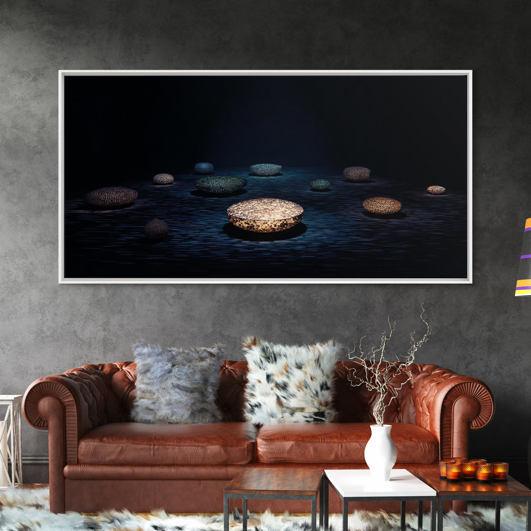 Glowing Beaded Bowls Wall Art, Abstract African Night Water Scene, Luxury Dark Canvas Decor, Modern Gallery Gift For Living Room