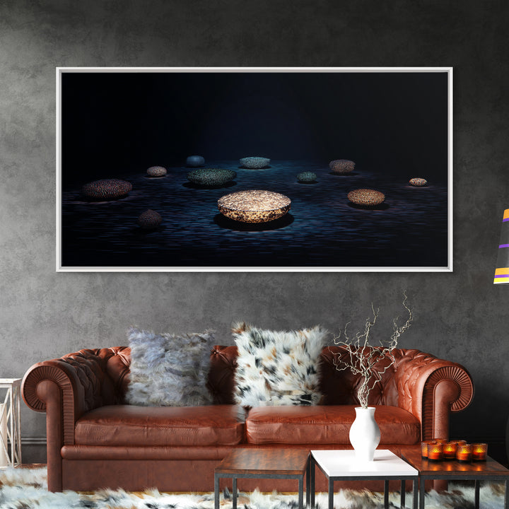 Glowing Beaded Bowls Wall Art, Abstract African Night Water Scene, Luxury Dark Canvas Decor, Modern Gallery Gift For Living Room