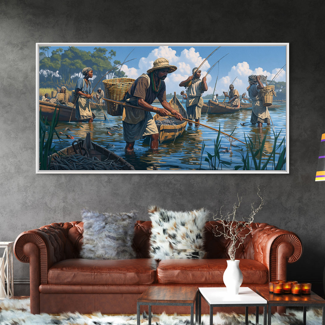 Traditional African Fishermen In River Boats Canvas Print, African Culture Art, Fishing Village, Safari Decor, Living Room Decor