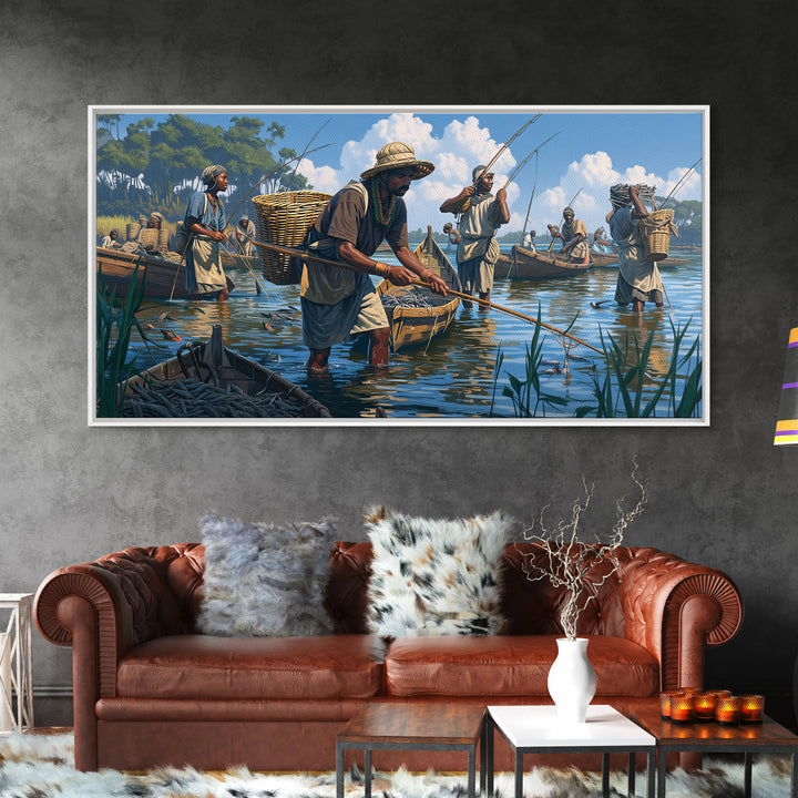 Traditional African Fishermen In River Boats Canvas Print, African Culture Art, Fishing Village, Safari Decor, Living Room Decor