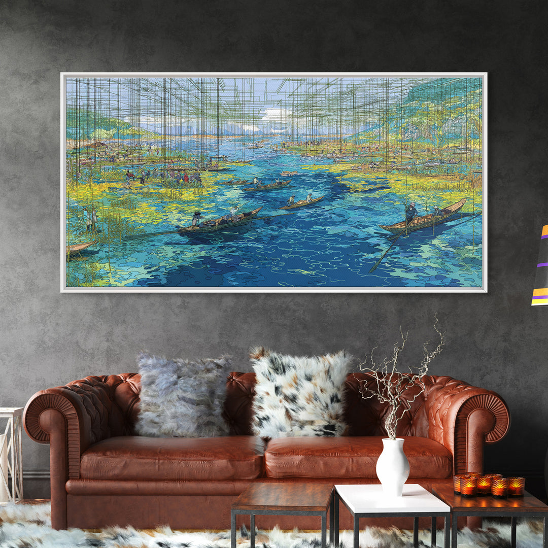 Abstract Blue Wetlands With Boats Canvas Print, Modern African Art, Coastal Landscape, Teal Wall Decor, Large Living Room Art