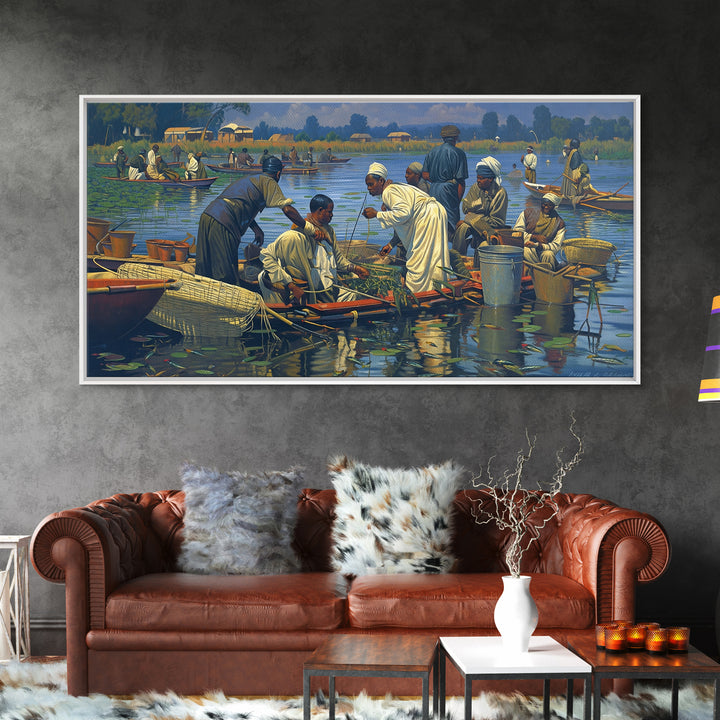 African Floating Market Fishermen On Lake Canvas Print, Traditional African Painting, Cultural Wall Decor, Village Home Decor