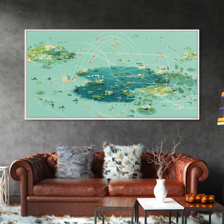 Turquoise Abstract African Wetland Islands Wall Art, Modern Canvas Art, Teal Coastal Map, Digital Art Africa, Unique Decor