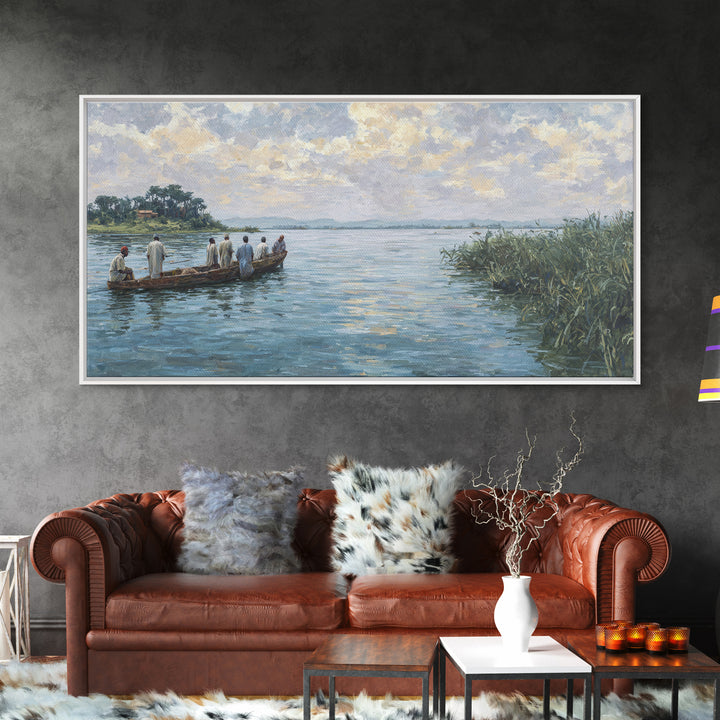 Serene African River Canoe Landscape Framed Canvas Print, Impressionist Nature Scene Art, Blue Wall Decor, Living Room Gift