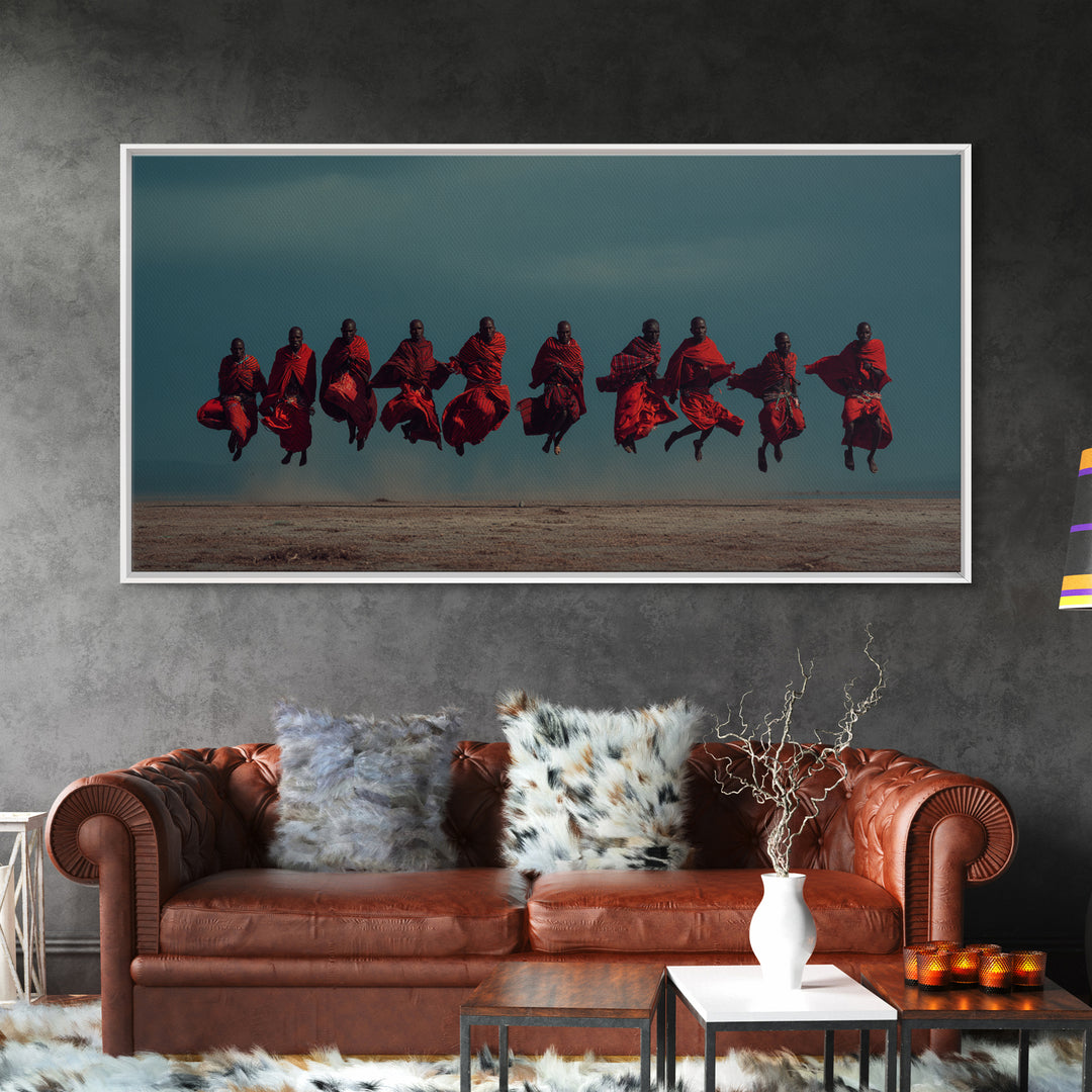 Leaping Maasai Warriors Under Storm Sky Canvas Print, African Warrior Art, Tribal Wall Decor, Red Safari Statement Piece