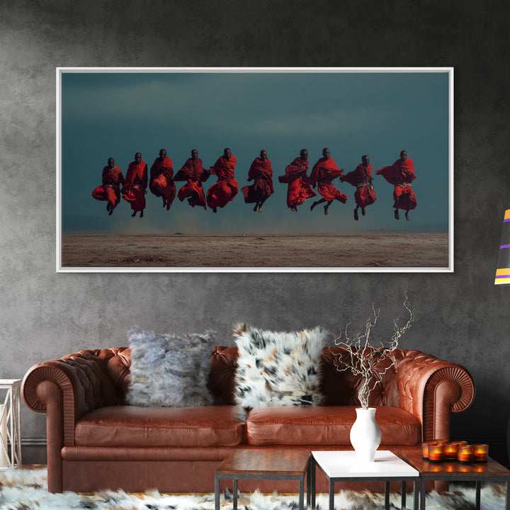 Leaping Maasai Warriors Under Storm Sky Canvas Print, African Warrior Art, Tribal Wall Decor, Red Safari Statement Piece