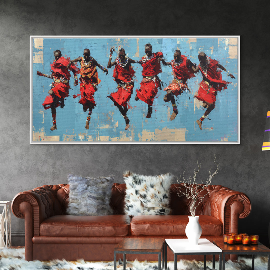 Red Maasai Jumping Dancers Canvas Print, African Wall Art, African Warrior Art, Cultural Home Decor, Safari Decor Gift Art