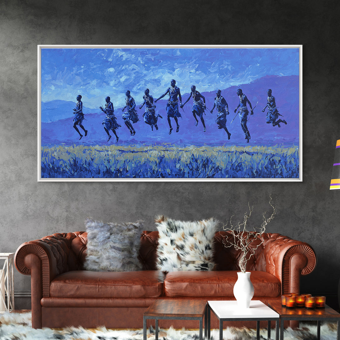 Blue Savanna Jumping Figures Wall Art, African Landscape, Modern African Art, Safari Art, Living Room Decor Canvas Print