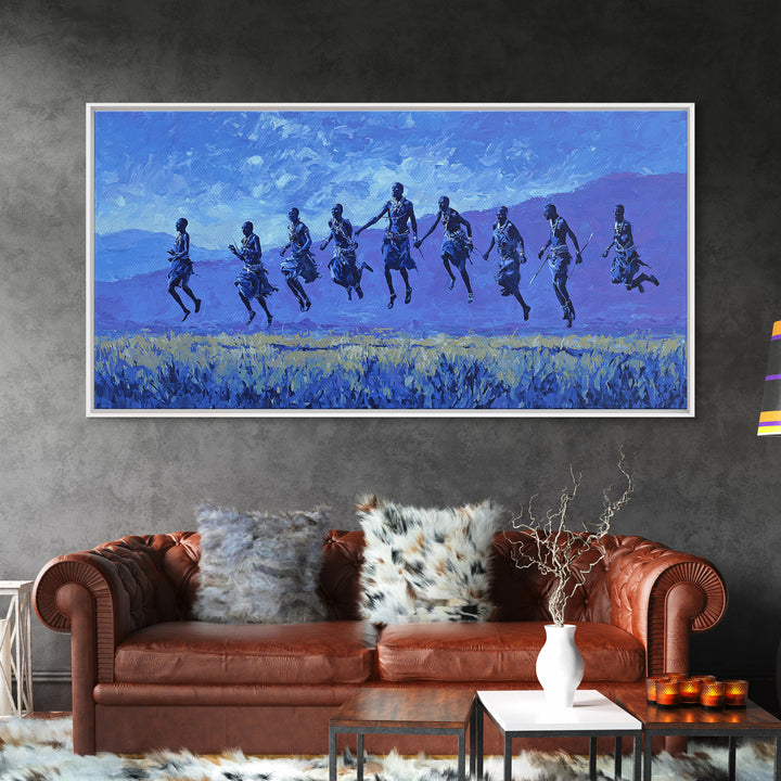 Blue Savanna Jumping Figures Wall Art, African Landscape, Modern African Art, Safari Art, Living Room Decor Canvas Print