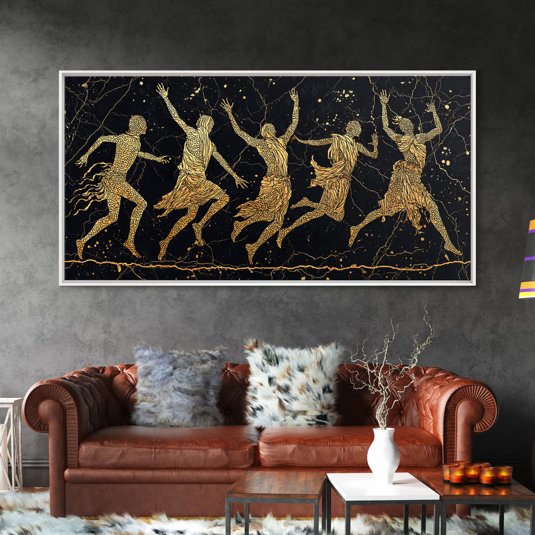 Gold Tribal Dancers On Black Framed Canvas Print, African Tribal Art, Black And Gold Art, Afrocentric Wall Art Decor Gift