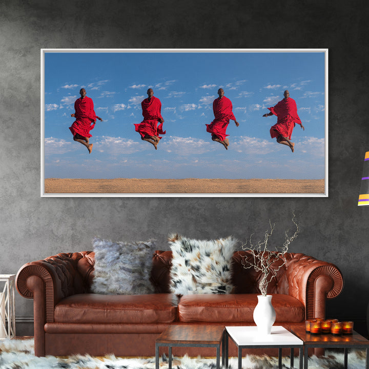 Red Maasai Warriors Jumping Canvas Print, African Safari Art, African Warrior Art, Kenya Print, Statement Wall Decor Gift